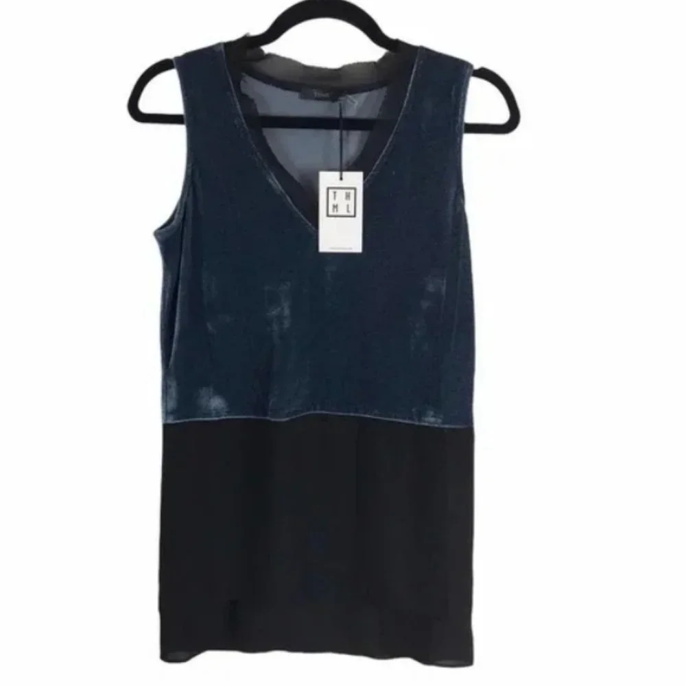 THML Blue Velvet Tunic Top Sleeveless Mixed Tank Blouse Velour XS Anthropologie - Picture 1 of 14